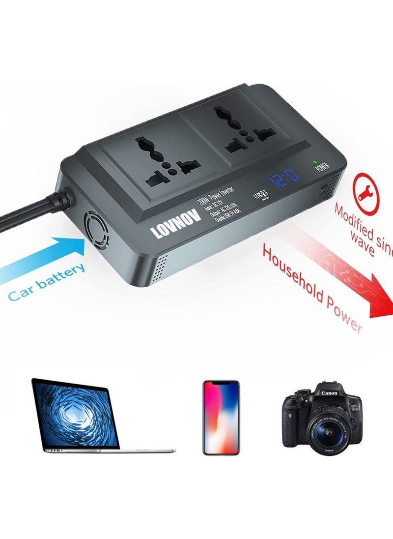 LOVNOV - 200W Power Inverter DC 12V to 220V AC Car Charger Adapter with 2 Universal Socket and 4 USB Ports Switch LCD Display - Image 1