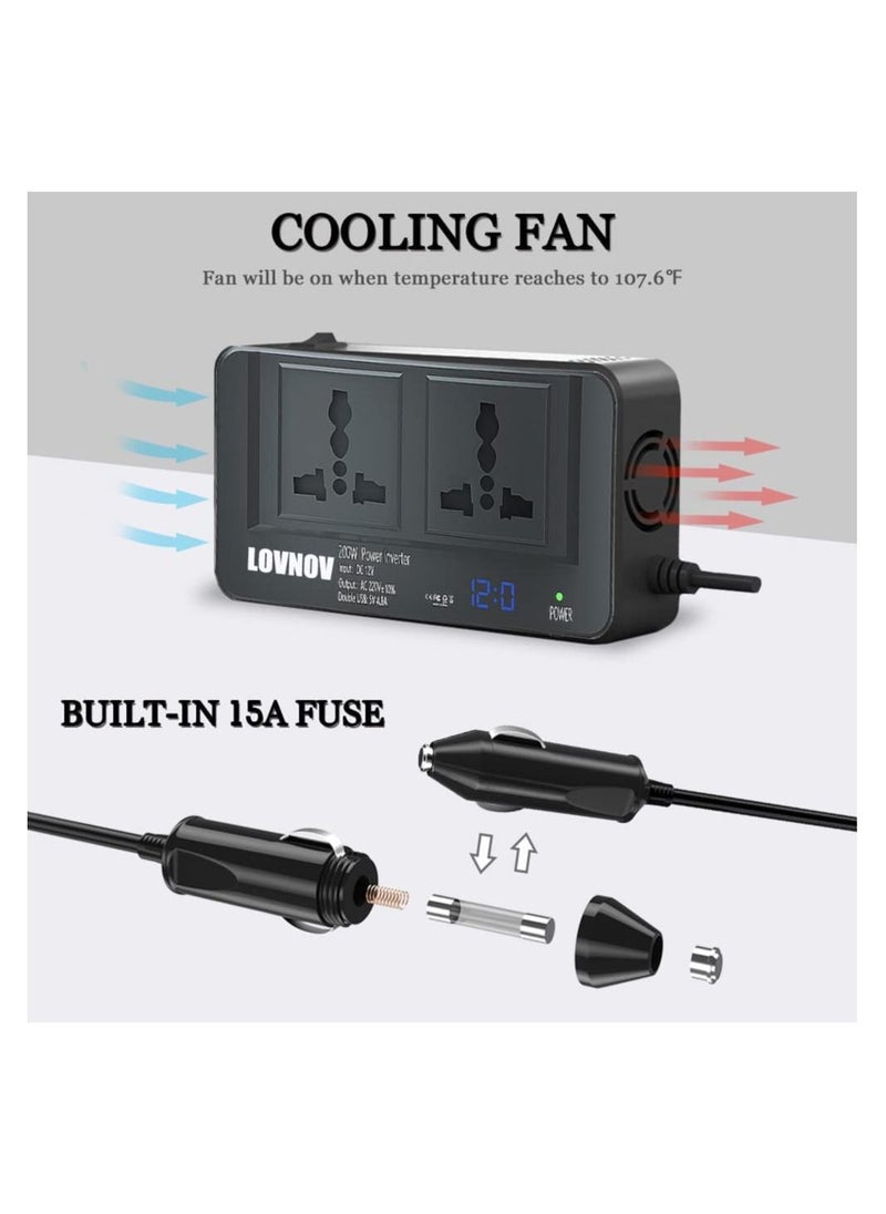 LOVNOV - 200W Power Inverter DC 12V to 220V AC Car Charger Adapter with 2 Universal Socket and 4 USB Ports Switch LCD Display - Image 1