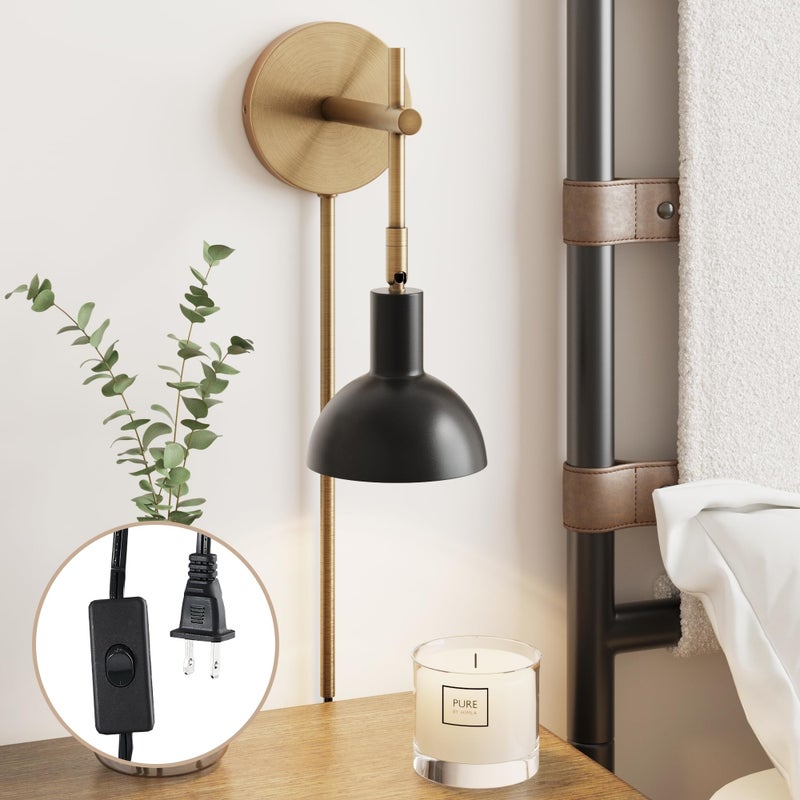 Nathan James Tamlin Wall Light Fixture, Wall Mounted 1-Light Lamp, Plugin Sconce with On/Off Switch for Living Room, Reading Nook or Bedroom, Vintage Brass/Matte Black - Image 1