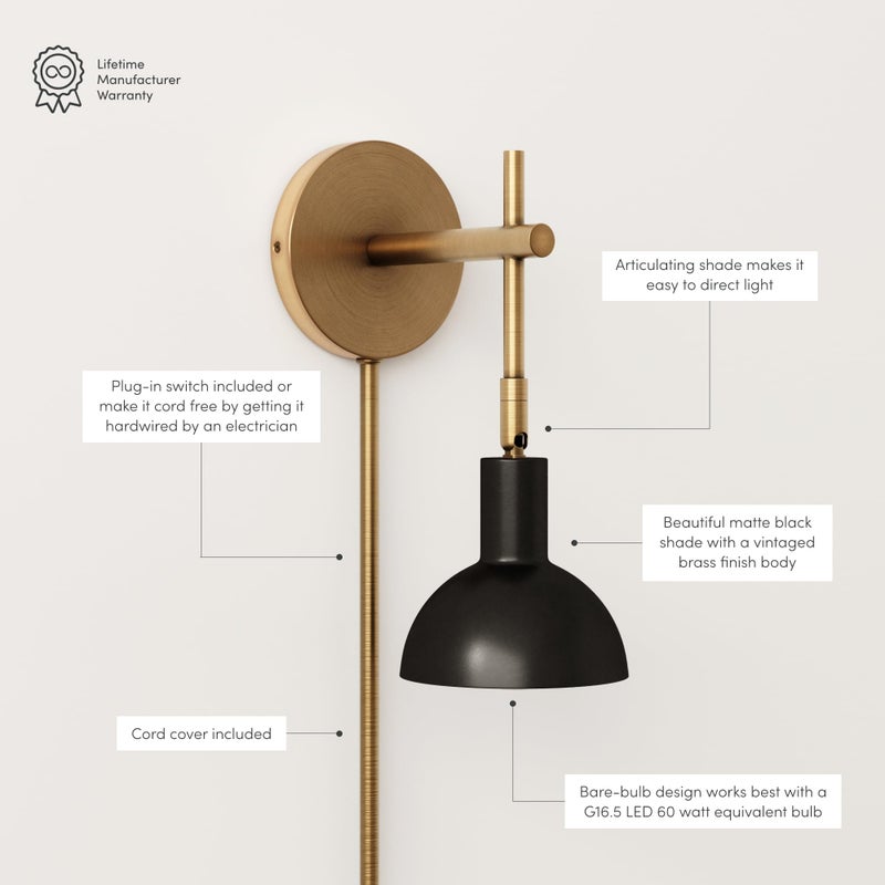 Nathan James Tamlin Wall Light Fixture, Wall Mounted 1-Light Lamp, Plugin Sconce with On/Off Switch for Living Room, Reading Nook or Bedroom, Vintage Brass/Matte Black - Image 3