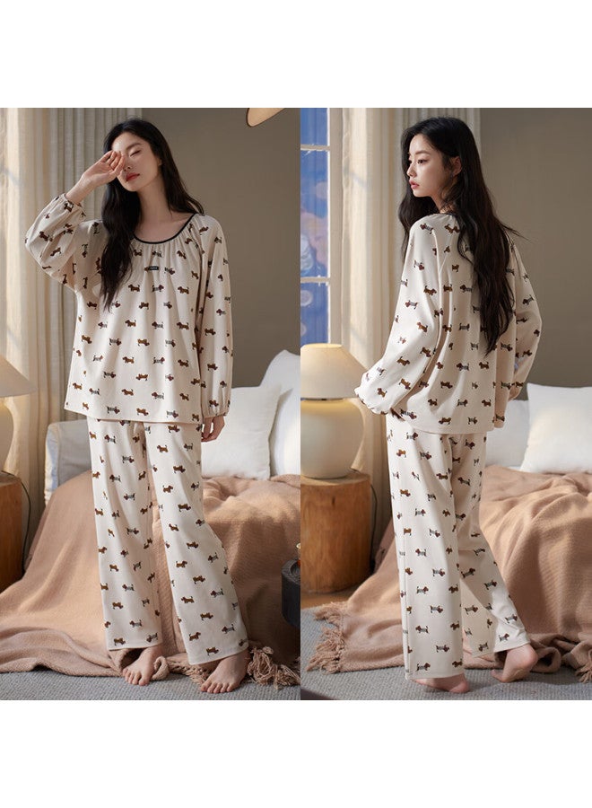 Xulen Women's Pajamas, Spring And Autumn Pure Cotton Long-sleeve Pullover Loungewear, Plus Size Set, 63566 Milk Candy Color, M (160)