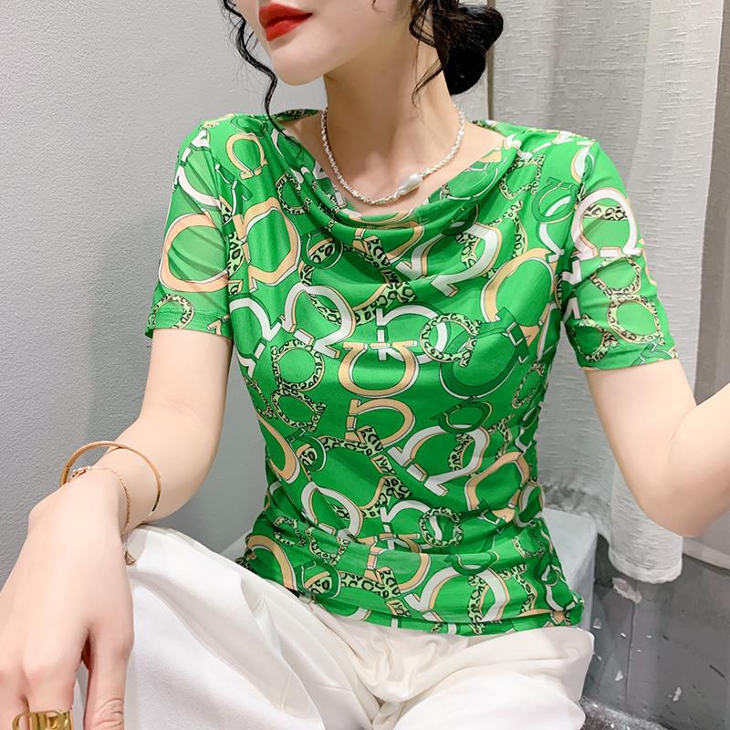 European Printed Mesh T-Shirt For Summer 2023 Women'S Short-Sleeved All-Match Fashion Top For Hair - Image 3