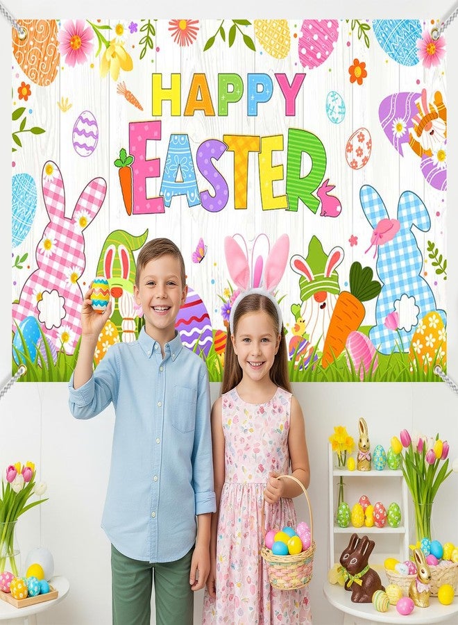 Mocsicka Happy Easter Banner Backdrop Spring Bunny Rabbit White Rustic Wooden Wall Photo Banner Easter Eggs Hunt Party Decorations Background Photo Booth Props 70.8 x 43.3 Inch - Image 3