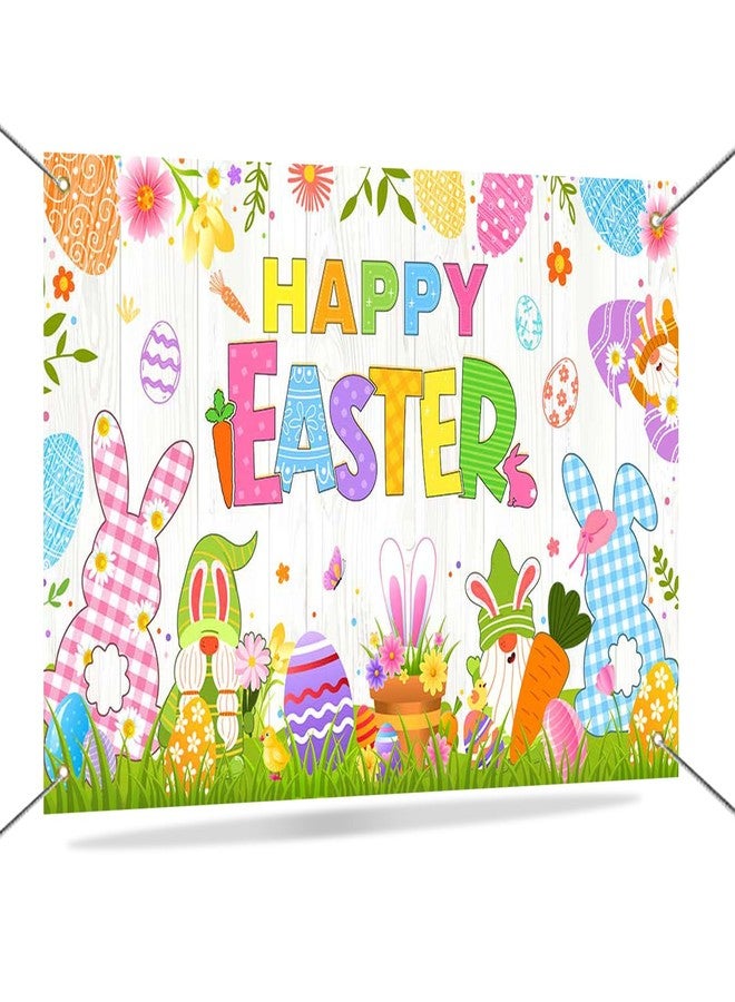 Mocsicka Happy Easter Banner Backdrop Spring Bunny Rabbit White Rustic Wooden Wall Photo Banner Easter Eggs Hunt Party Decorations Background Photo Booth Props 70.8 x 43.3 Inch - Image 1