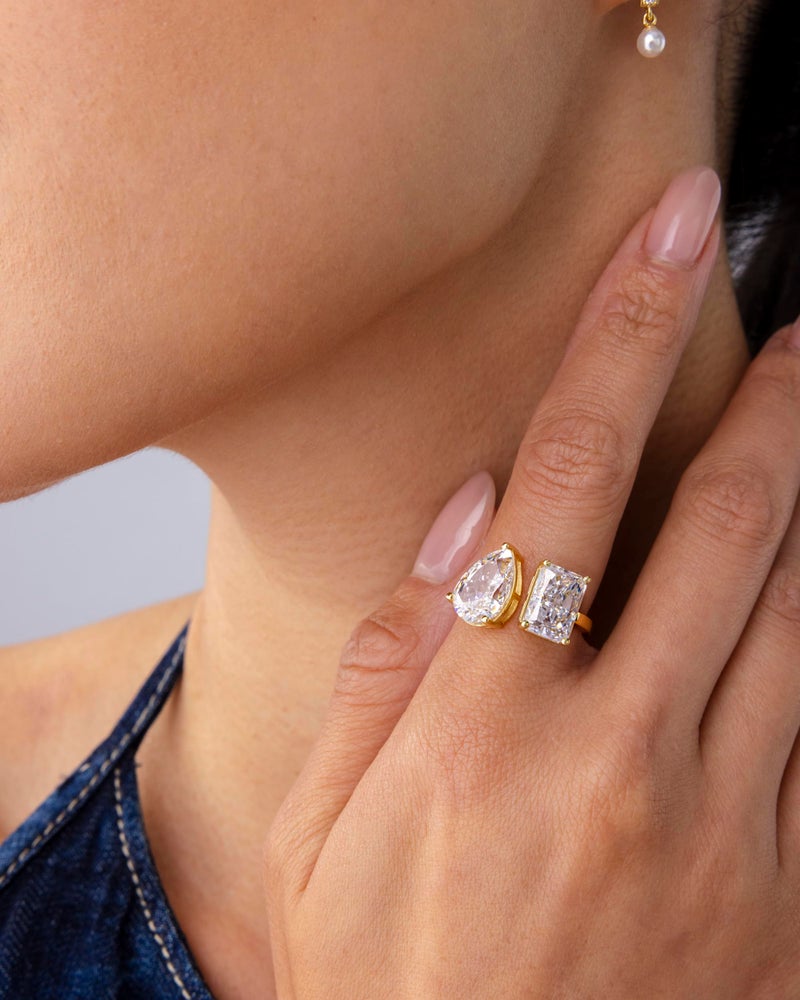 PAVOI 14K Yellow Gold Plated Toi Et Moi Radiant-Cut Pear-Shaped Cubic Zirconia Stones Fake Wedding Engagement Ring for Women - Statement Cubic Zirconia Promise Ring - Size 7 - Image 2