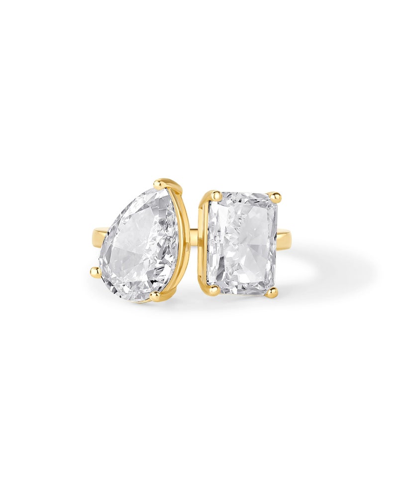 PAVOI 14K Yellow Gold Plated Toi Et Moi Radiant-Cut Pear-Shaped Cubic Zirconia Stones Fake Wedding Engagement Ring for Women - Statement Cubic Zirconia Promise Ring - Size 7 - Image 1