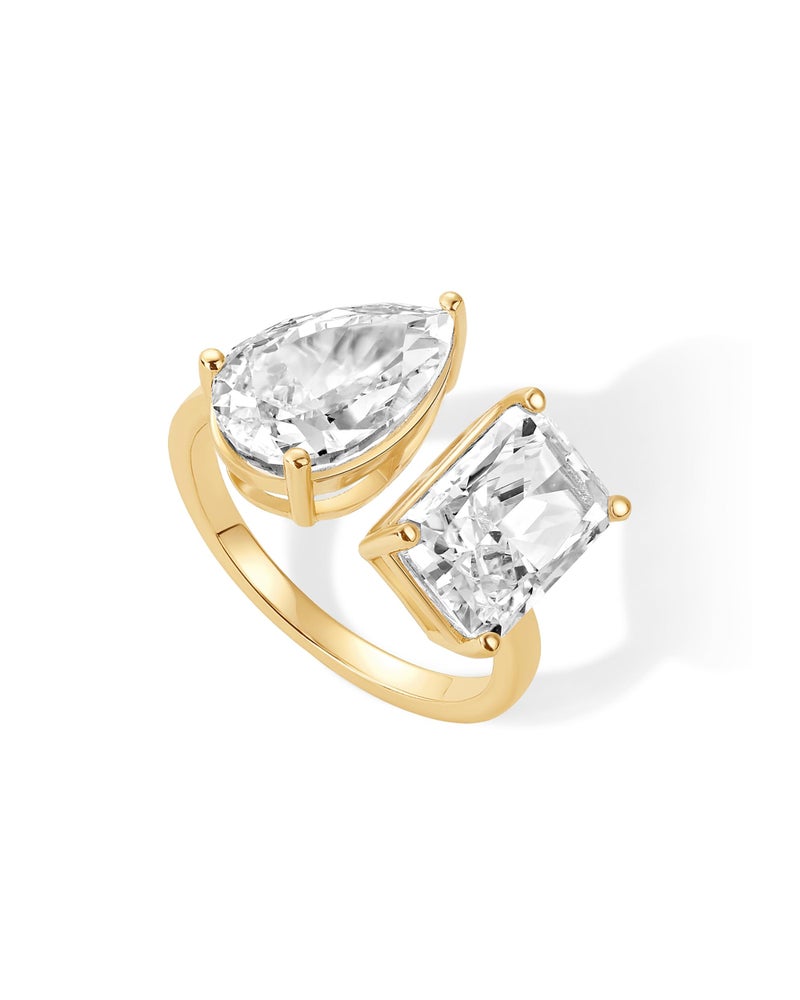 PAVOI 14K Yellow Gold Plated Toi Et Moi Radiant-Cut Pear-Shaped Cubic Zirconia Stones Fake Wedding Engagement Ring for Women - Statement Cubic Zirconia Promise Ring - Size 7 - Image 3