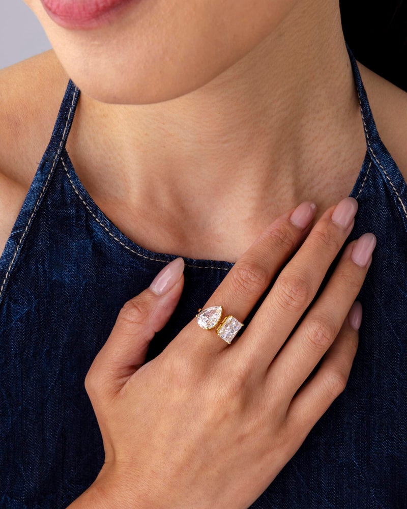 PAVOI 14K Yellow Gold Plated Toi Et Moi Radiant-Cut Pear-Shaped Cubic Zirconia Stones Fake Wedding Engagement Ring for Women - Statement Cubic Zirconia Promise Ring - Size 7 - Image 4