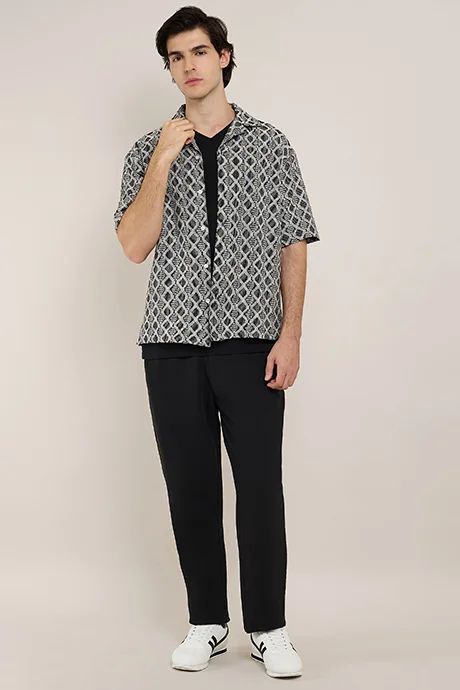 أر أند بي Patterned Shirt with Reverse Collar and Short Sleeves