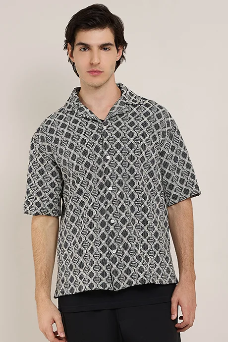 أر أند بي Patterned Shirt with Reverse Collar and Short Sleeves
