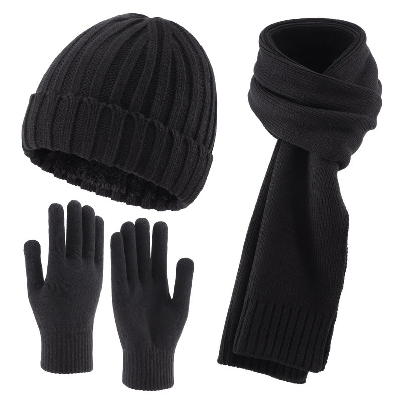 Connectyle Men's Warm Winter Hat Scarf and Touchscreen Gloves Set for Cold Weather Fleece Lined Knit Beanie Neck Scarf Black - Image 1
