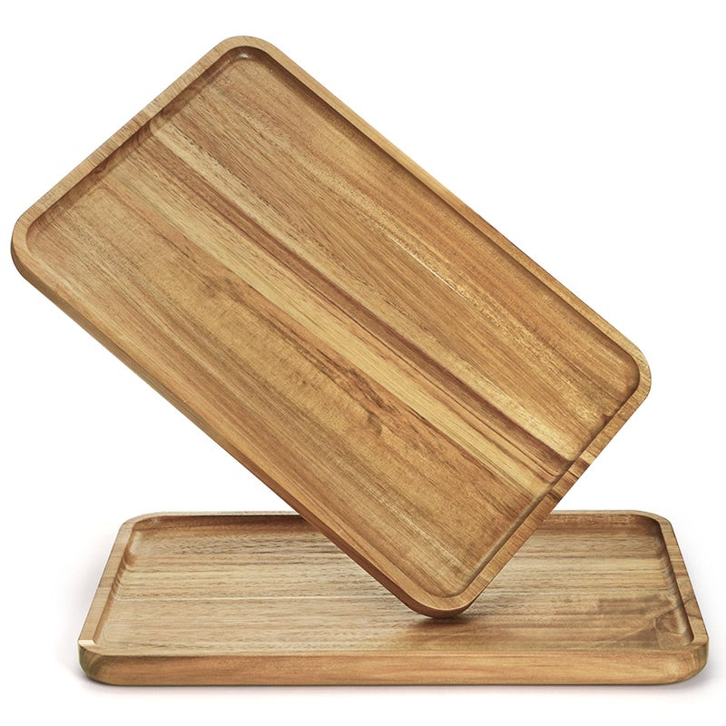 YOUEON Set of 2 Acacia Wood Serving Tray with Raised Edge 142 x 95 Inch Rectangular Serving Tray Appetizer Cheese Plate Sandwich Dessert Trays Wood Plates for Food Coffee Fruit Cookie