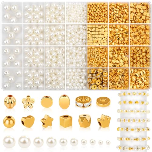 shynek 1352 Piece Gold Spacer and Pearl Beads for Bracelets, Assorted Gold and Pearl Beads for Jewelry Making - Image 1