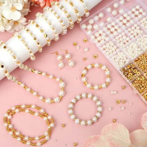 shynek 1352 Piece Gold Spacer and Pearl Beads for Bracelets, Assorted Gold and Pearl Beads for Jewelry Making - Image 2