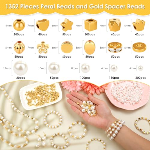 shynek 1352 Piece Gold Spacer and Pearl Beads for Bracelets, Assorted Gold and Pearl Beads for Jewelry Making - Image 3