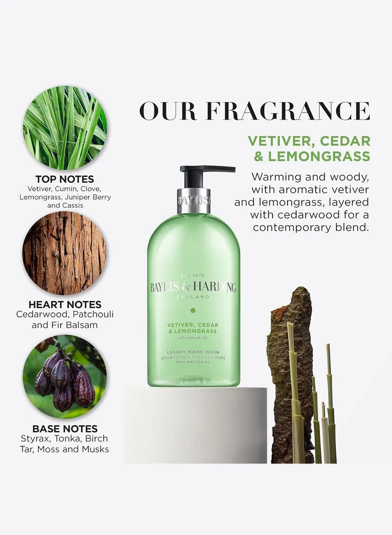 بايليس & هاردينج Baylis & Harding غسول اليدين المضاد للبكتيريا من نجيل الهند والأرز وعشب الليمون 500 مل | زيوت طبيعية | يقتل 99.9٪ من البكتيريا | عطر خشبي وعطري | نباتي