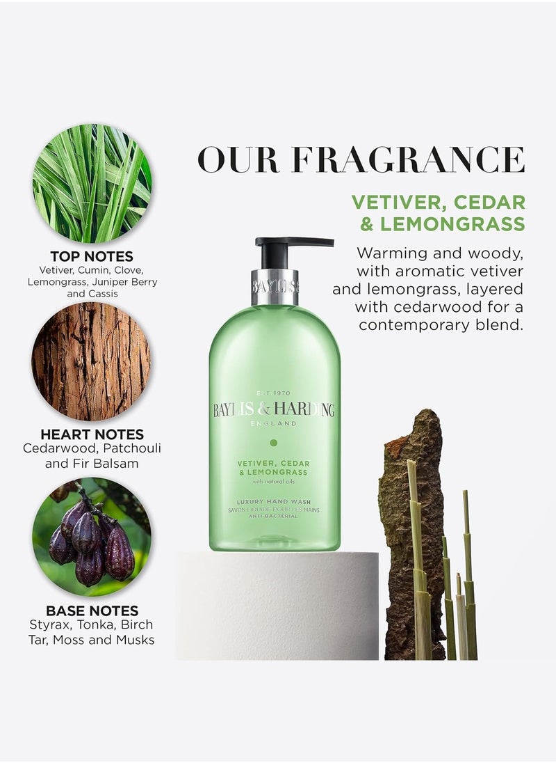 Baylis & Harding - Baylis & Harding Signature Vetiver, Cedar & Lemongrass Anti-Bacterial Hand Wash 500ml | Natural Oils | Kills 99.9% of Bacteria | Woody & Aromatic Fragrance | Vegan - Image 1