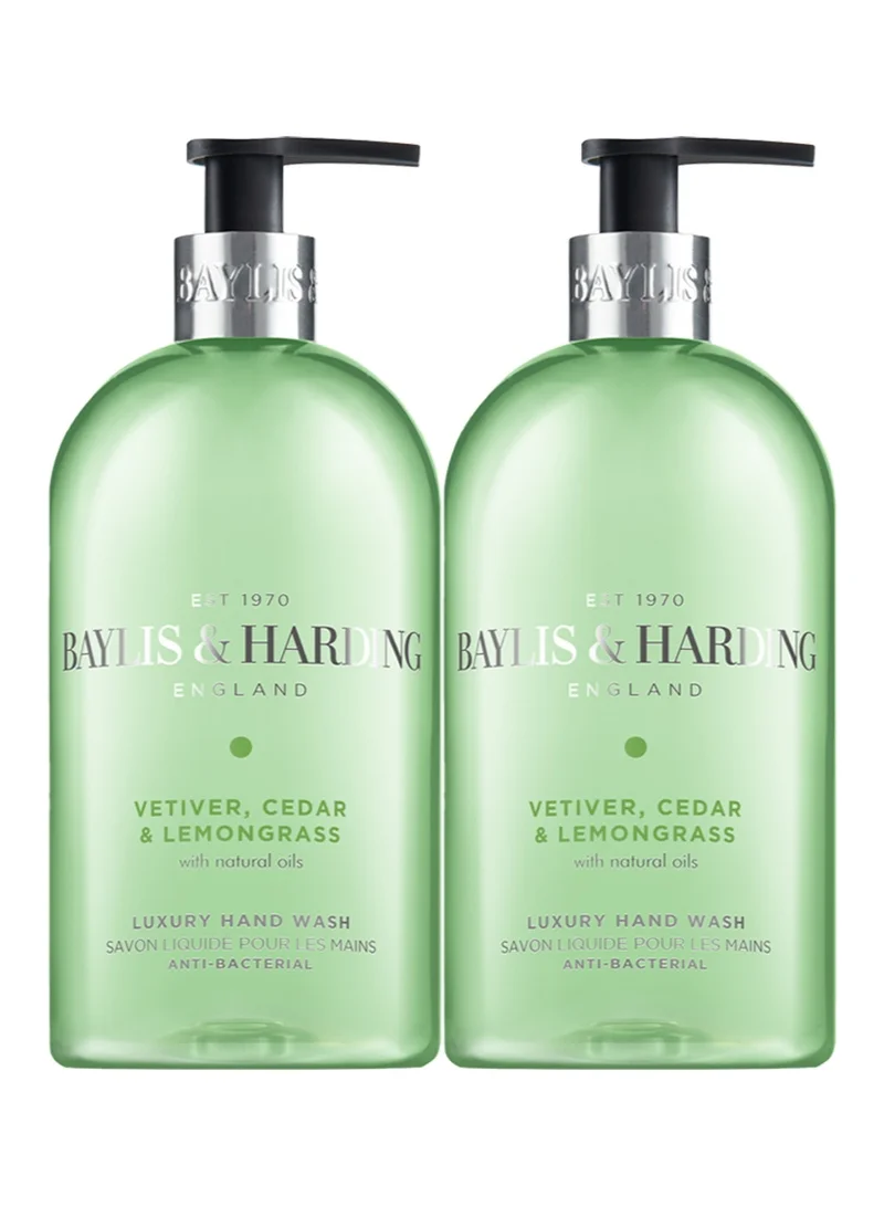 Baylis & Harding Vetiver, Cedar and Lemongrass Hand Wash, 500ml (Pack of 2) | Natural Oils | Anti-Bacterial - Kills 99.9% of Bacteria | Woody and Aromatic Fragrance | Vegan
