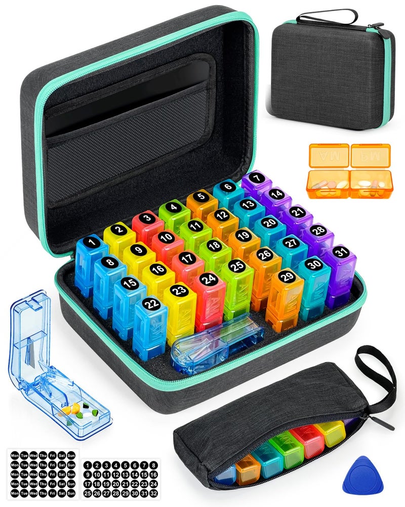 FRIWOLE Monthly Pill Organizer 2 Times a Day, with Portable Hard Shell, Pill Cutter, 31-Day Box, Plastic Opening Pick, Monthly & Weekly Stickers, Convenient Medication Management (Black, 2 Times a Day) - Image 1