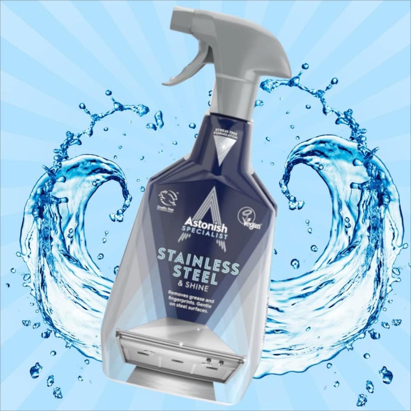 Astonish Specialist Stainless Steel Cleaner & Shine Spray, Clear Waters - Streak-Free Polished Finish for Fridge, Range Hood & Back Splash - Remove Grease & Watermarks, Vegan, Cruelty-Free, 750ml - Image 2