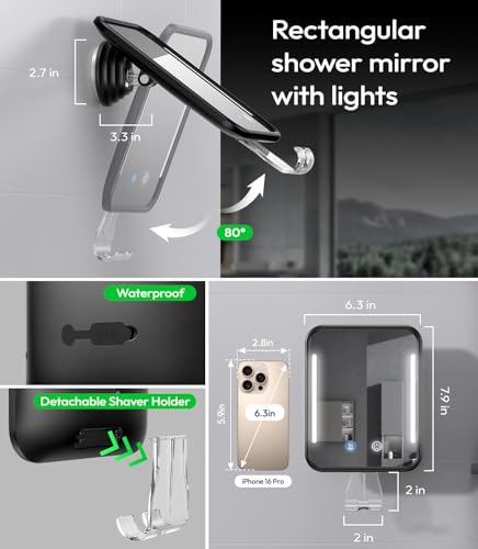 Glowtop Lighted Shower Mirror Fogless for Shaving with Light, 5000mAh Heated Fogless Mirror for Shower, Detachable Razor Holder and Suction Cup for Wall, NO-Drilling, Waterproof for Bathroom (Black) - Image 2