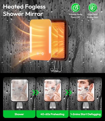 Glowtop Lighted Shower Mirror Fogless for Shaving with Light, 5000mAh Heated Fogless Mirror for Shower, Detachable Razor Holder and Suction Cup for Wall, NO-Drilling, Waterproof for Bathroom (Black) - Image 3