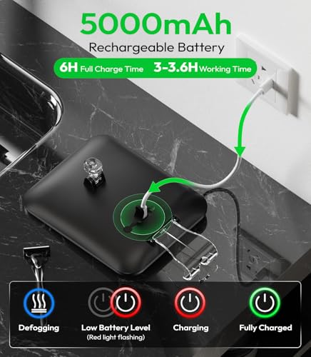 Glowtop Lighted Shower Mirror Fogless for Shaving with Light, 5000mAh Heated Fogless Mirror for Shower, Detachable Razor Holder and Suction Cup for Wall, NO-Drilling, Waterproof for Bathroom (Black) - Image 5