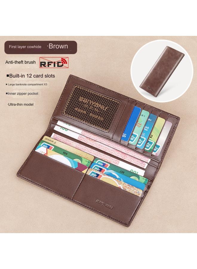 بانيانو محفظة رجالية طويلة من الجلد الطبيعي رفيعة للغاية مضادة للسرقة مع سحاب محفظة من جلد البقر بني رفيع (فرشاة مضادة للسرقة) - Image 2