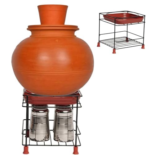 GLOCY Stainless Steel Round Base Matka Stand for Water Pot Matka Kitchen Rack with Free Tray CupGlassDishOrganizerMatka Stand For Kitchen with 4 Heavy Plastic Legs Flower Pot Container Black - Image 1