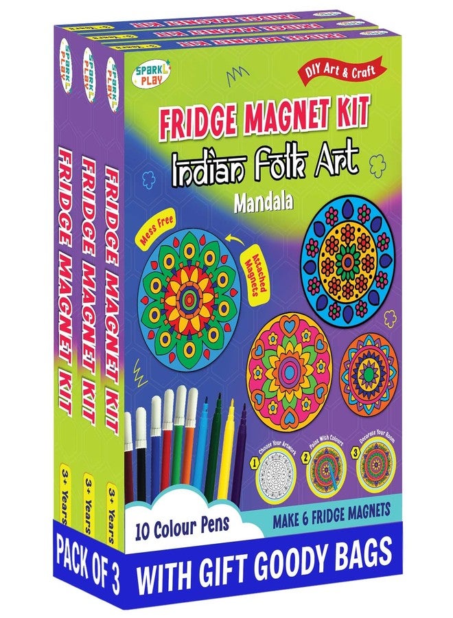 SparkLPlay Kids Birthday Return Gifts (Pack of 3) - DIY Mandala Art Kit. 6 Fridge Magnet Cutouts, 10 Pens & Booklet Each, 6 Gift Bags, Mess Free. (Mandala Art) - Image 1