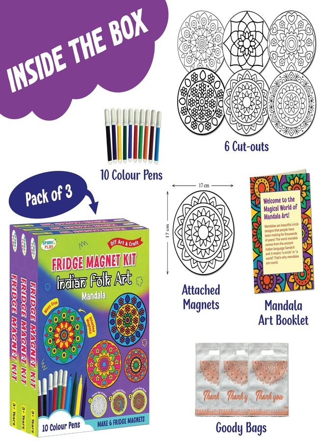 SparkLPlay Kids Birthday Return Gifts (Pack of 3) - DIY Mandala Art Kit. 6 Fridge Magnet Cutouts, 10 Pens & Booklet Each, 6 Gift Bags, Mess Free. (Mandala Art) - Image 3