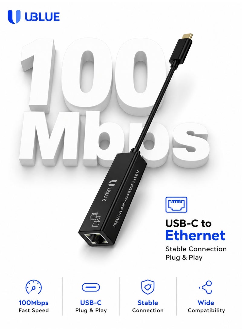 يوبلو محول UBLUE من USB-C إلى إيثرنت، بسرعة جيجابت 10/100/1000 ميجابت في الثانية، RJ45، مصنوع من PVC + ABS + ألومنيوم، محول شبكة محلية من النوع C، أسود، متوافق مع MacBook وSurface Pro وiPad Pro وSwitch وPS5 وGalaxy Tabs - Image 1