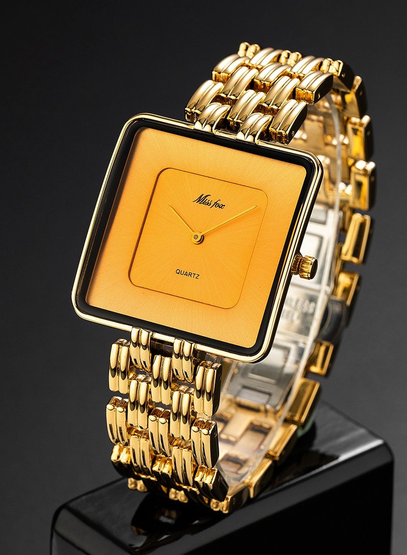 مس_فوكس ساعة رجالية كوارتز مربعة ذهبية عصرية وبسيطة للأعمال - Image 1