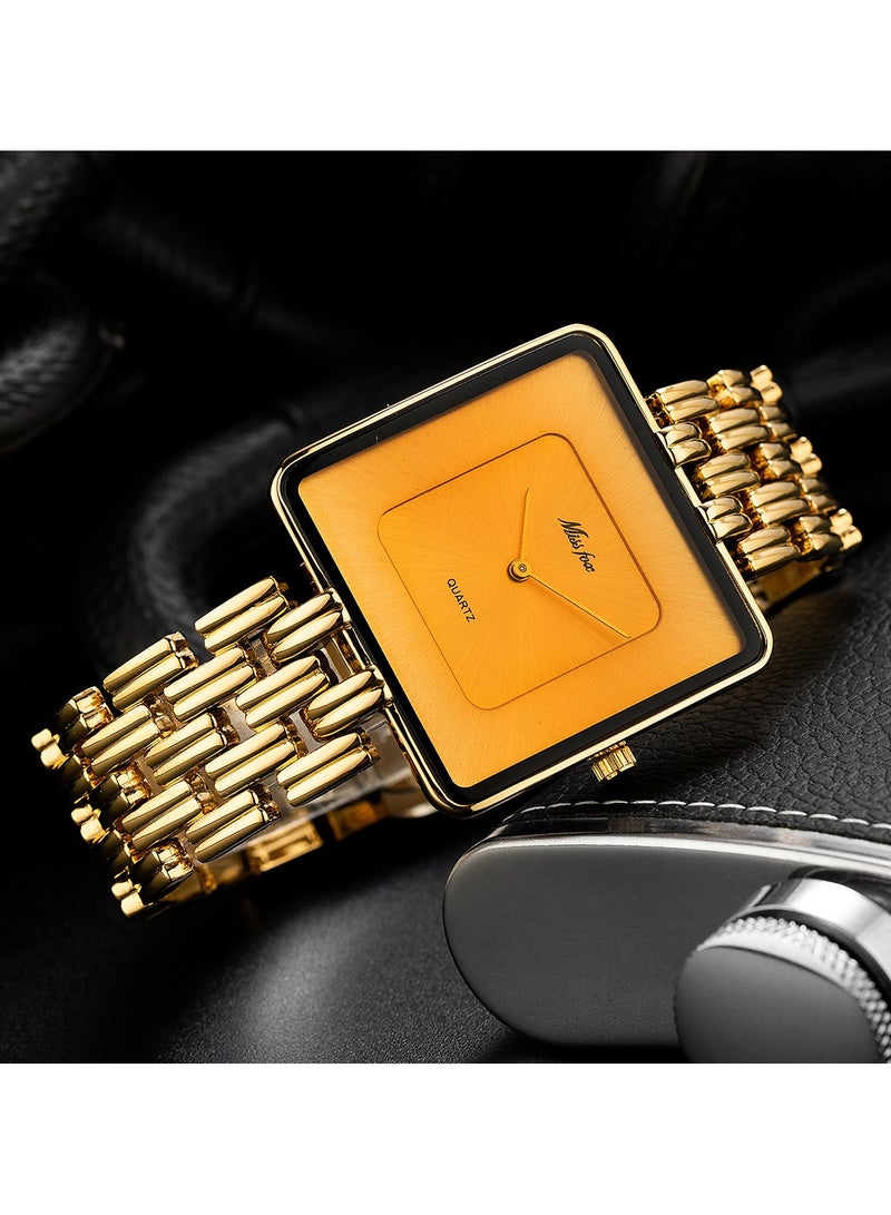 مس_فوكس ساعة رجالية كوارتز مربعة ذهبية عصرية وبسيطة للأعمال - Image 4