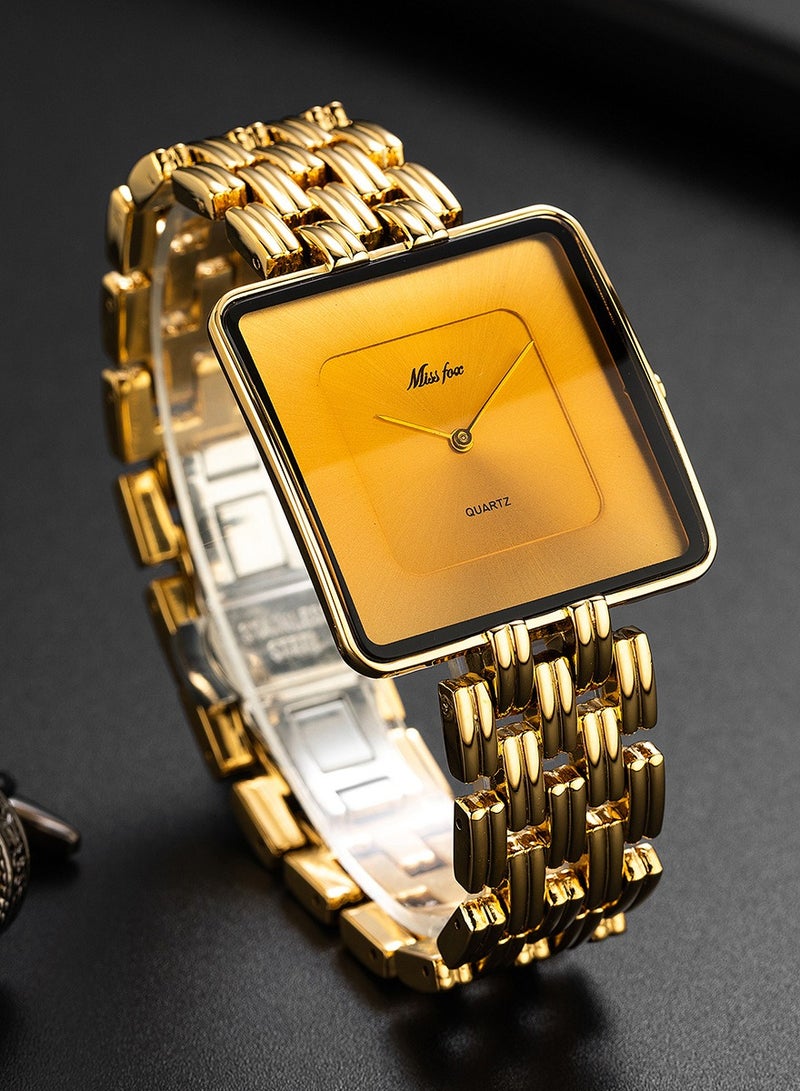 مس_فوكس ساعة رجالية كوارتز مربعة ذهبية عصرية وبسيطة للأعمال - Image 2