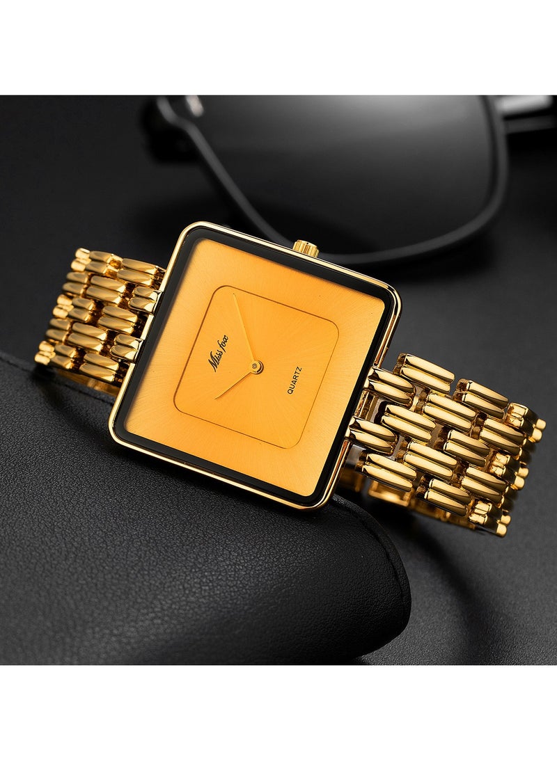 مس_فوكس ساعة رجالية كوارتز مربعة ذهبية عصرية وبسيطة للأعمال - Image 3