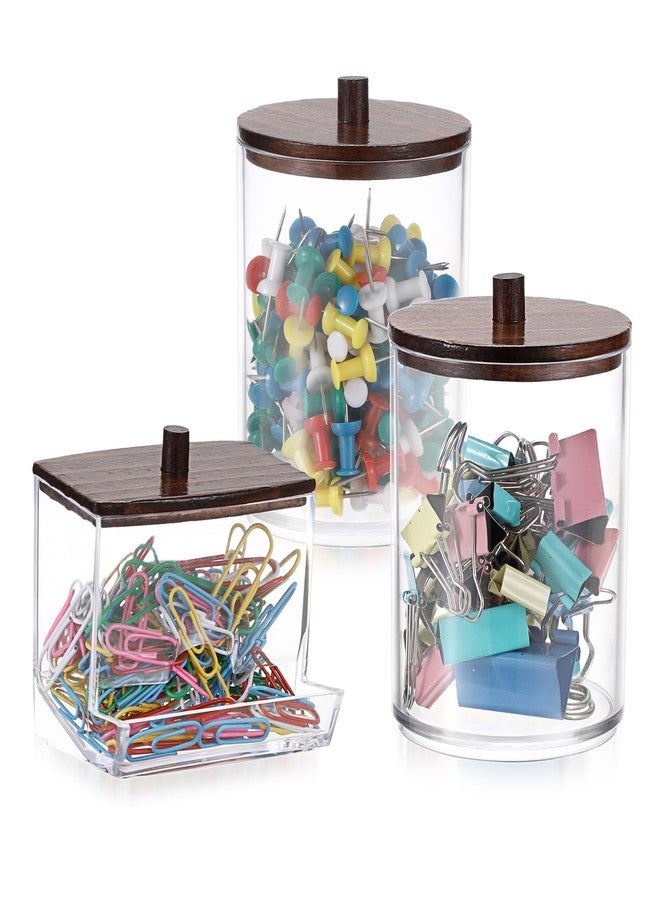 BTSKY Set of 3 PaperClip Holders with Bamboo Lid, Round Binder Holder for Desk, Clear Paper Clip Dispenser Small Office Supply Accessory Organizer Qtip Holder for Office Bathroom Vanity, Black - Image 1
