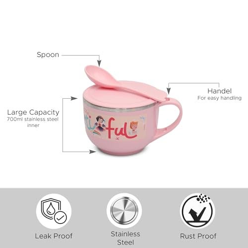 Jaypee Plus Stainless Steel Disney Princess Souptok Prime Soup Bowl with Lid & Spoon Maggi Bowl Noodles Pasta Cup,Best Diwali Gift, Birthday Gift for Girls and Boys, Pink, 700 Ml - Image 2