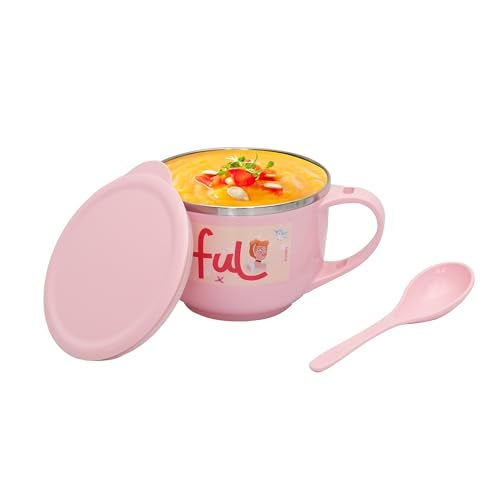 Jaypee Plus Stainless Steel Disney Princess Souptok Prime Soup Bowl with Lid & Spoon Maggi Bowl Noodles Pasta Cup,Best Diwali Gift, Birthday Gift for Girls and Boys, Pink, 700 Ml - Image 1