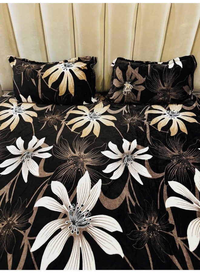 Subtlespreads 250 TC Premium Printed Flannel Velvet Warm Elastic Fitted Bedsheets King Size with 2 Pillow Covers - Bedsheets for Double Bed Winter Season (Mocha Floral,Double 72x78Inch) Multicolor - Image 2