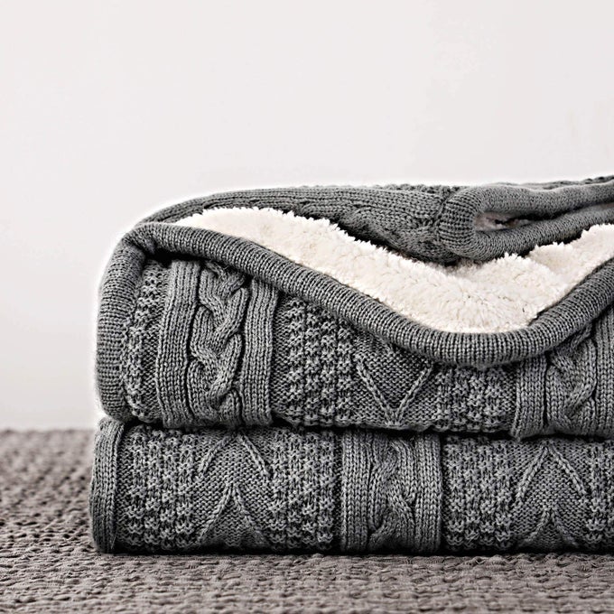 ACRYLIC CABLE KNIT SHERPA THROW BLANKET THICK SOFT BIG COZY GREY KNITTED FLEECE BLANKETS FOR COUCH SOFA BED LARGE 50 X 63 INCHES GRAY COVERLET ALL SEASON
