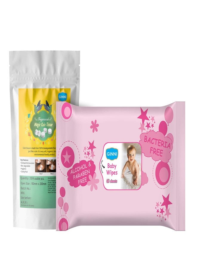 Ginni Premium Baby Wet Wipes Cleansing Wipes With Aloe Vera & Jojoba Oil & Vitamin E- 60 Pulls/Pack & Frangranced Coin Tissues Magic Tablet Disposable Cotton Coin Towels Coin Tissue (50 Pcs) - Image 1