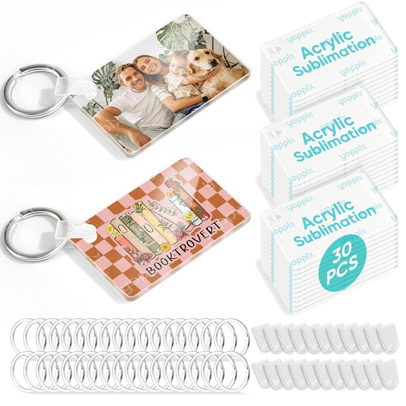 YOPPIX 90 Pcs Sublimation Acrylic Keychain Blanks, with 30 Fixing Clips and 30 Key Rings for Heat Transfer Keychain Bag Decor Pet Necklace Christmas Tree Decor, Home Gift Crafts Supplies - Image 1