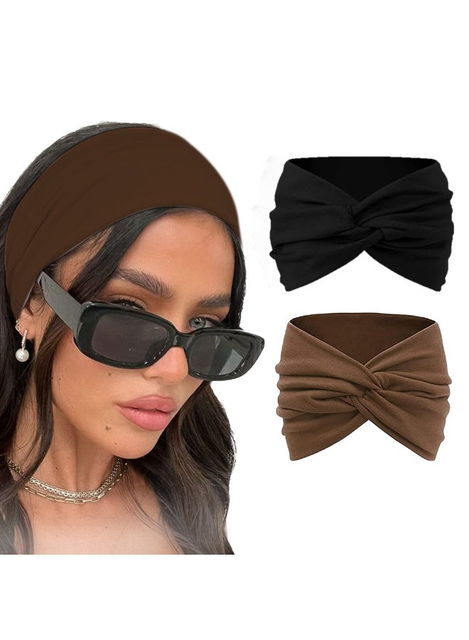 طقم مكون من طوقين شعر قطن محاك للنساء، 95% قطن، بتصميم توربان بعقدة أنيقة، أكسسوارات شعر للنساء والفتيات (بني وأسود) - Image 1