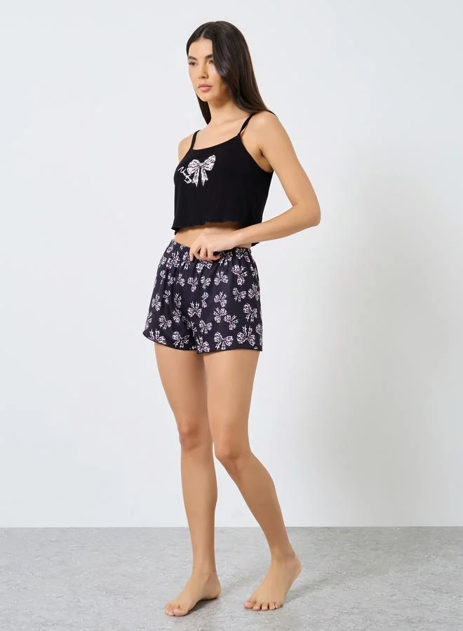 Take Two Take Two Ribbon Graphic Print Crop Cami and Shorts Set