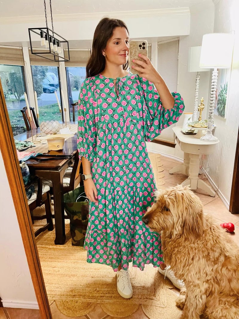 miduo Womens Dresses Fashion Summer V Neck Half Sleeve Bohemian Floral Pattern Maxi Long Dresses Boho Flowy Dresses Green S - Image 5
