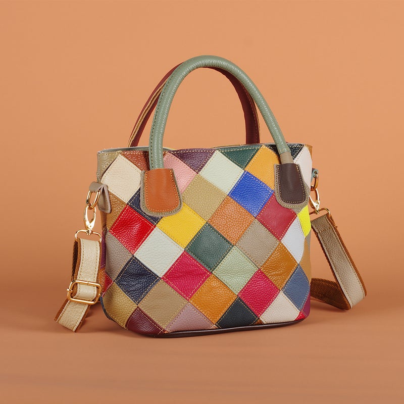 Factory Women'S Bag Color Plaid Stitching Color Ethnic Leisure Leather Bag Shoulder Slung Handbag - Image 2