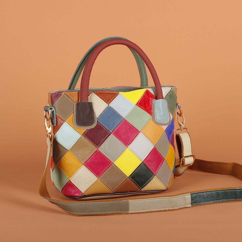 Factory Women'S Bag Color Plaid Stitching Color Ethnic Leisure Leather Bag Shoulder Slung Handbag - Image 4