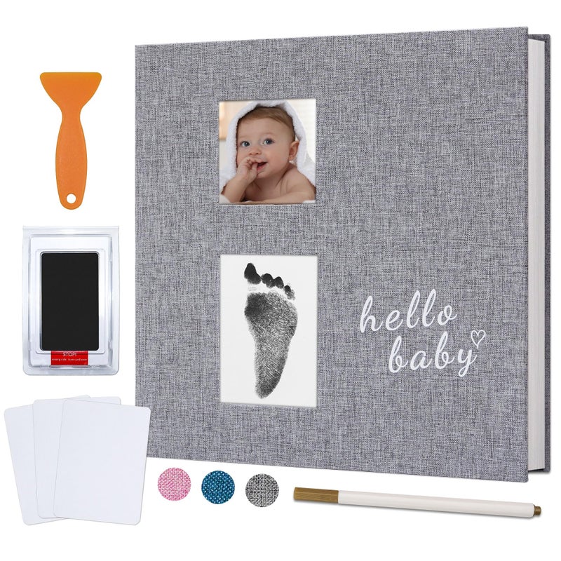 Vienrose Baby Photo Album Self Adhesive Memory Book 4x6 Magnetic Scrapbook Kit with Clean-Touch Ink Pad Handprint Footprint and A Metallic Pen for Boy/Girl 2 Windows 40 Pages Grey - Image 1