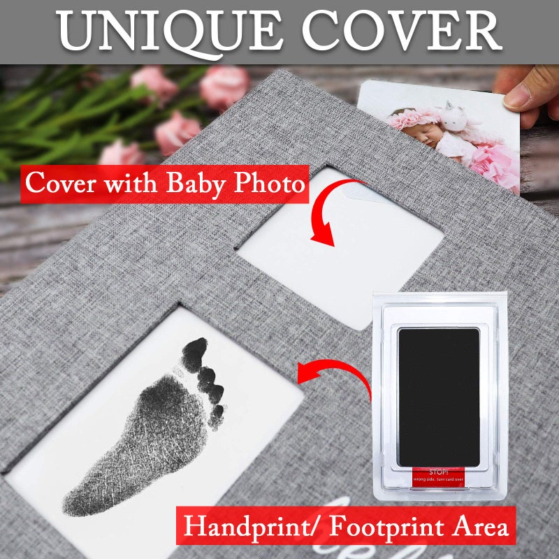 Vienrose Baby Photo Album Self Adhesive Memory Book 4x6 Magnetic Scrapbook Kit with Clean-Touch Ink Pad Handprint Footprint and A Metallic Pen for Boy/Girl 2 Windows 40 Pages Grey - Image 4